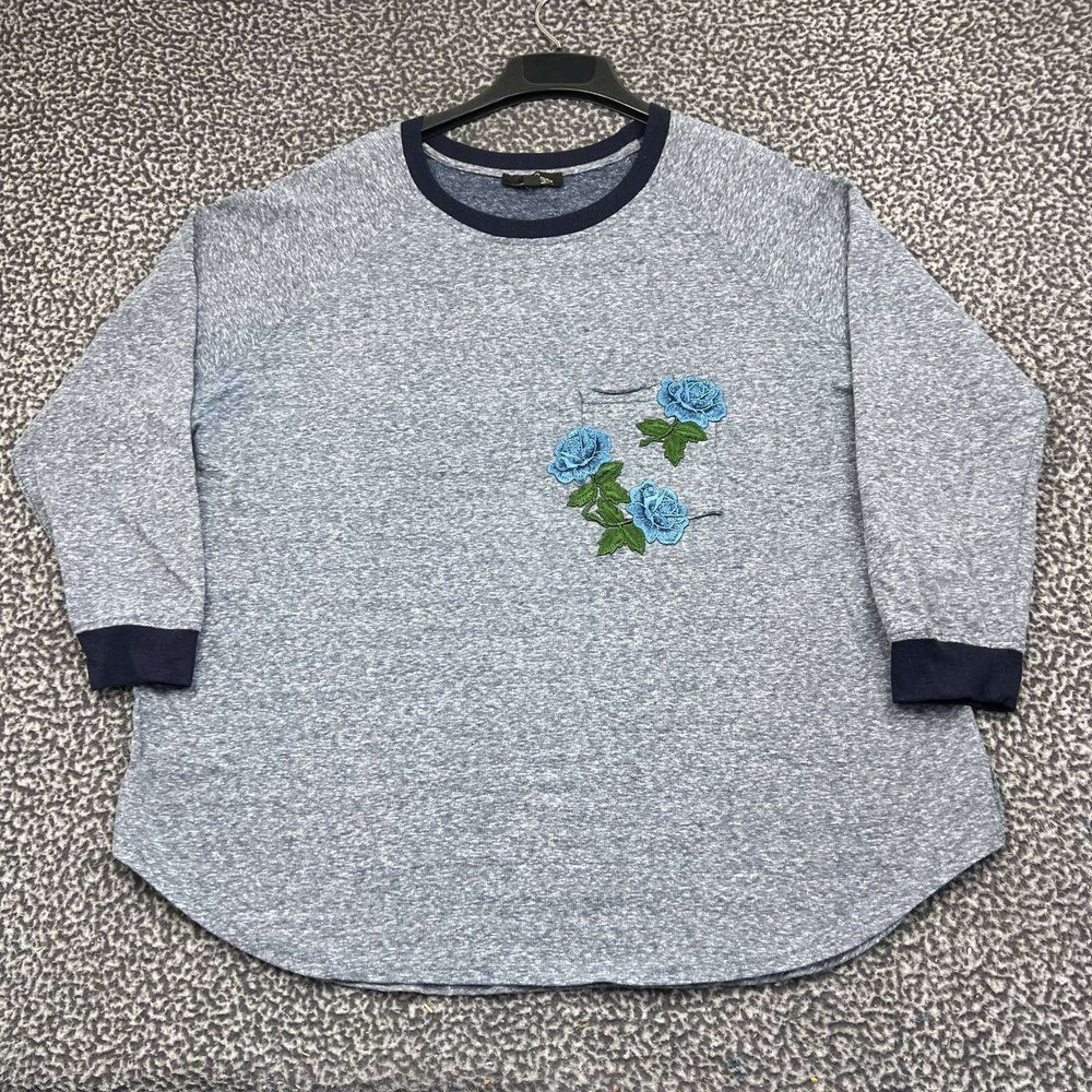 Suzanne Betro Shirt Women 2X Blue Heather Rose Floral Embroidered 3/4 Sleeve